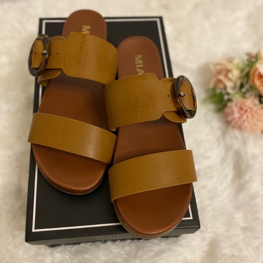 MIA Two Band Sandals, Tortoise buckle Febe Sandal